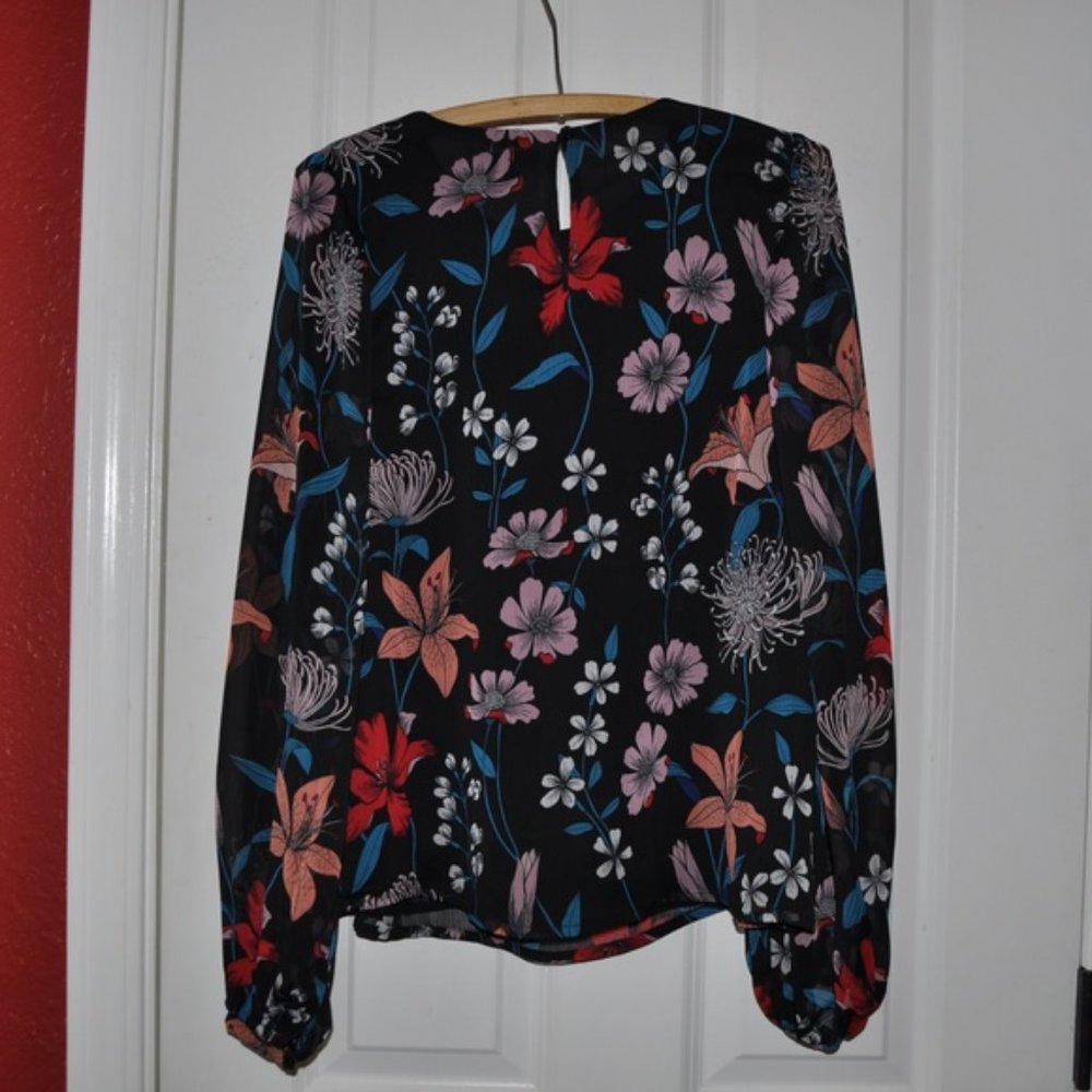 New WWW Black Floral Blouson Long Sleeve Blouse S - Picture 5 of 8